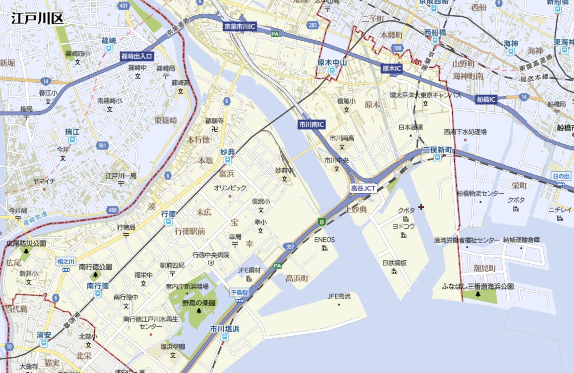 いまの江戸川放水路のまわりの地図。行徳の町が放水路で東西に分かれている